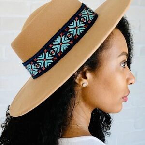 Tan Wide-Brim Hat with Embroidered Band